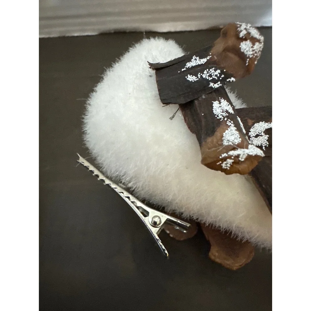 White Fuzzy Bird Christmas Ornaments with Pinecone Wings and Clips Set of 2